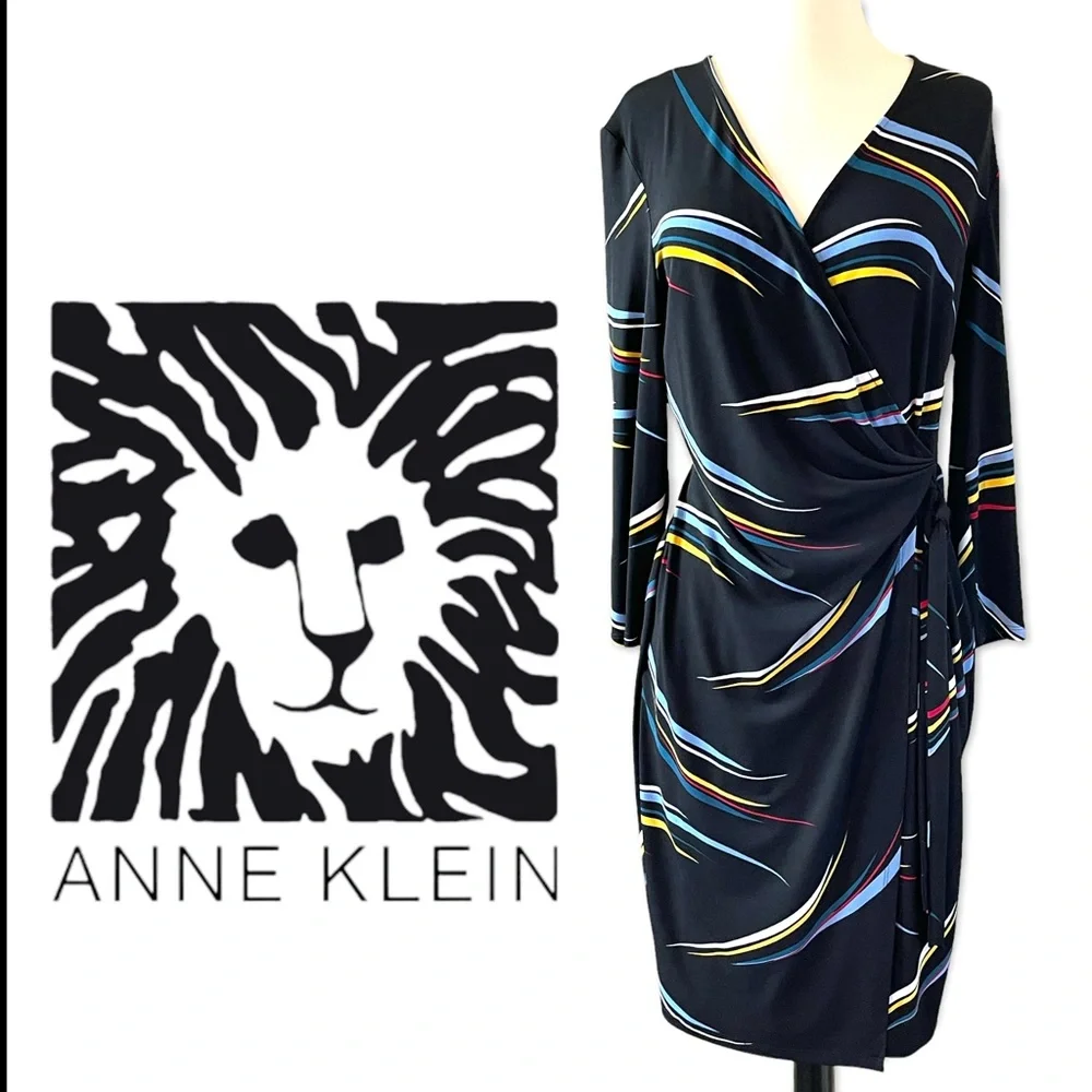 ANNE KLEIN ~ Faux Wrap Multi-Color Print Dress ~ Size 10